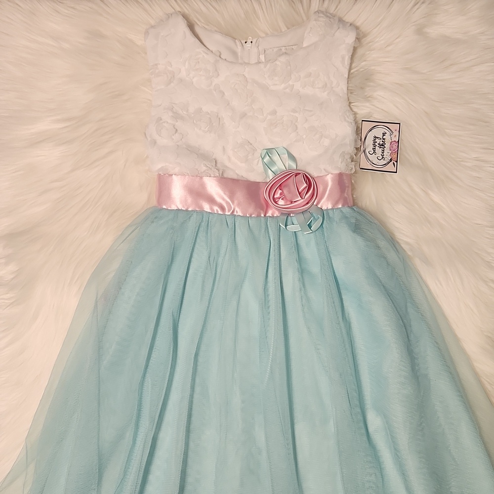 Girls White & Light Blue Tulle Dress with Pink Sash - Girls Size 6